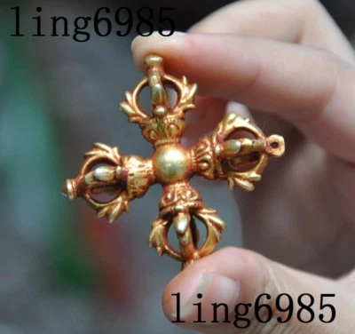 Tibet bronze 24K gold gilt Evil spirits amulet Vajra Phurpa Faqi statue Pendant  - Image 1 of 4