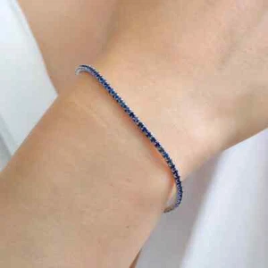 18k White Plated 3mm Round Cut Sapphire Tennis Skinny Bracelet Dainty Minimalist - Picture 1 of 5