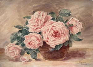 1903 Watercolor Painting Signed F Harris “Pink Roses” Antique Still Life - Picture 1 of 8