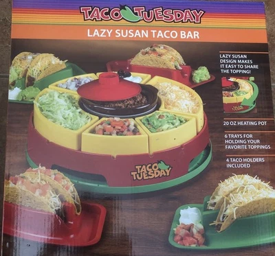 Nostalgia Taco Tuesday Heated Lazy Susan Taco Bar 20oz Fondue Set Red NEW - Image 1 of 4