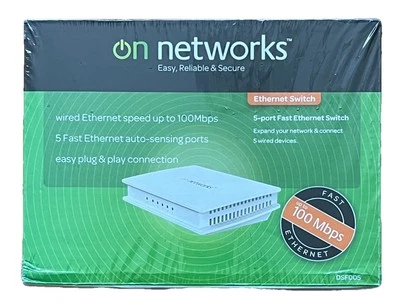 ON NETWORKS ETHERNET SWITCH WIRED SPEED UP TO 100MBPS 5 FAST AUTO SENSING PORTS - Image 1 of 4