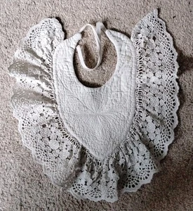 Antique Vintage Baby Bib, White, Embroidered, Bird, Layered, Scalloped Lace Edge - Picture 1 of 5
