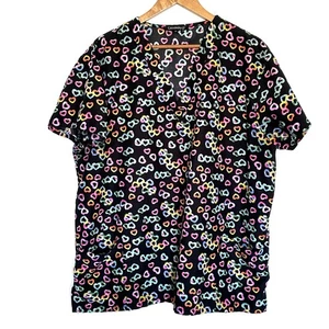 Cassandra O Scrub Top Women's 2X Black Hearts Short Sleeve Pockets Shirt - Picture 1 of 7
