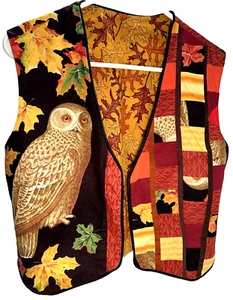 Quilted Owl Vest Autumn Leaves Handmade OOAK Fall Seasonal Colors S/M - Picture 1 of 17