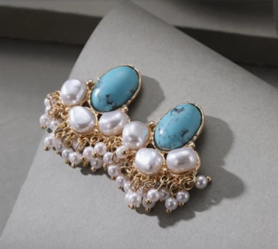 Blue Turquoise White Pearl Earrings Stud Gold Plated Dangle - Image 1 of 4