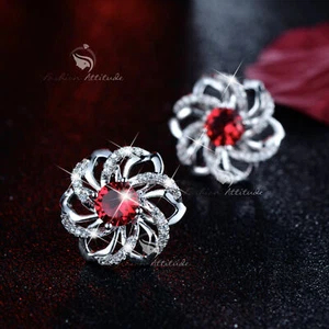 18k white gold gf 3D flower blossom crystal red earrings pendant necklace set - Picture 1 of 4