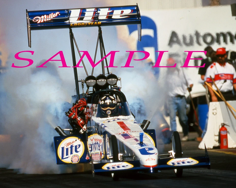 FOTO BRILLANTE 8X10 LARRY DIXON MILLER LITE TOP FUEL CAR IMPRESIONANTE AGOTAMIENTO #7Q Foto 1 de 1
