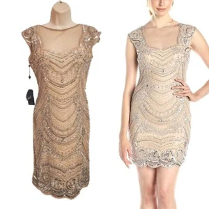 Adrianna Papell | NUEVO Vestido Corto de Noche Ajustado con Cuentas Ilusión Champagne 10 - Imagen 1 de 12