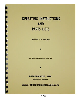 Powermatic 14" Bandsaw Model 141 Op Instructions & Parts Manual #1473  - Image 1 of 4