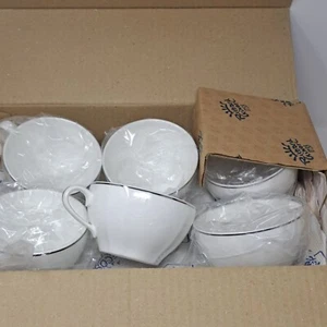 Richard Ginori 1735 Duchessa Platinum Trim Embossed Coffee Cup & Saucer Set of 6 - Picture 1 of 24