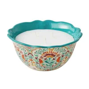 Pioneer Woman Outdoor Citronella Candle Folk Geo 3-Wick Floral Ceramic Teal New - Picture 1 of 6