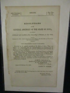 Government Report 1857 Iowa Mail Facilities Iowa City 2 Ottumwa Post Coach Route - Imagen 1 de 1