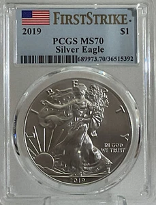 2019 SILVER EAGLE~PCGS~MS70~ First Strike~ $1 Coin~Flag/Blue Label - Picture 1 of 3