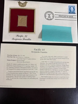 Pacific 97 Benjamin Franklin 22k Gold & First Day of Issue United States Stamps - Image 1 of 4
