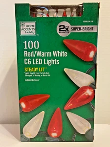 Home Accents Holiday 100 Super-Bright Red/Warm White C6 LED Lights Green Wire - Picture 1 of 7