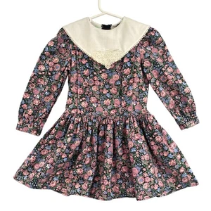 VTG Floral Dress Puff Sleeve Drop Waist Girls Size 5 Pink Blue Lace Cottagecore - Picture 1 of 12
