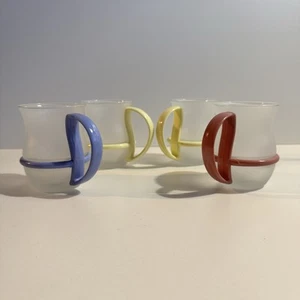 4 x Vtg Frosted Glass Coffee Tea Cups Plastic Handles Retro Inspiration Rare HTF - Picture 1 of 22