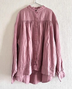 Camisa Blusa ICHI Antigüedades Lino Cuello Banda Reunida Manga Larga Casi COMO NUEVA - Imagen 1 de 7