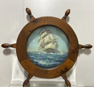 VTG. Wood Ships Wheel Nautical Framed Galleon Ship Art Decor. - Picture 1 of 24