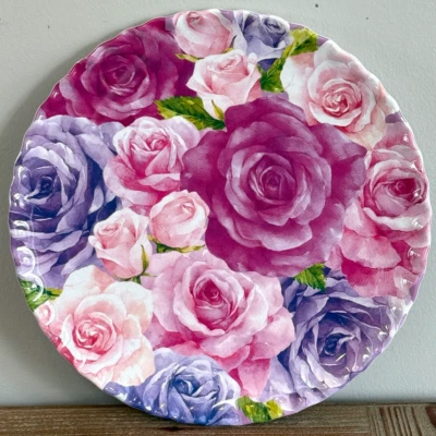 Jolie Fleur Spring Collection ROSE PRINT Set of 4 Melamine 11" Dinner Plates NEW - Image 1 of 4
