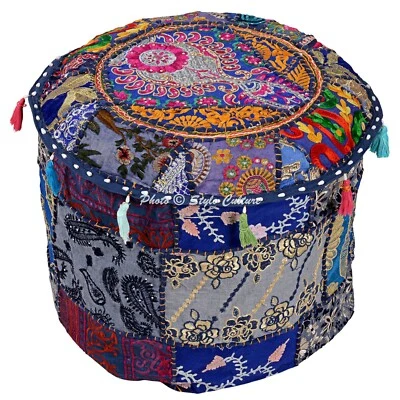 Vintage Patchwork Ottoman Pouf Embroidered Cotton Footstool Bed Room Decor - Image 1 of 4