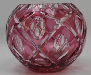 VTG Bohemian Czech Cranberry Cut To Clear Crystal Geometric Circle Vase 6in MINT - Picture 1 of 7
