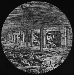 COAL MINING : WEDGING DOWN THE COAL C1875 VICTORIAN Magic Lantern Slide MINERS - Picture 1 of 5
