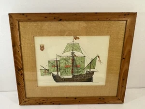 Vintage gerahmte Lithographie Maritime H A Muth Druck Santa Maria Anno Domini 1492 - Bild 1 von 12