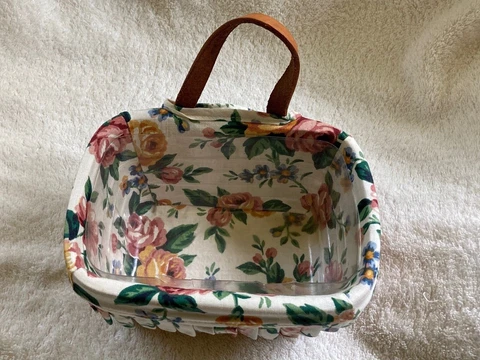 Longaberger Hanging Key/Candle Basket w Leather Handle Floral Liner & Protector Cover