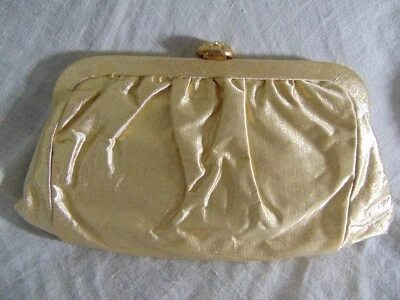 1960s Clutch Purse- Gold Lame w/Rhinestone Clasp-Optional handle-VG-CLASS- SALE - Image 1 of 4