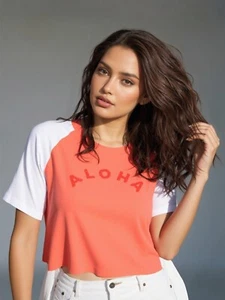 Ladies Cropped Graphic Top round neck Tee active casual t-shirt, Coral,RRP: £50 - Picture 1 of 3