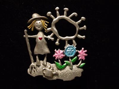 "JJ" Jonette Jewelry Silver Pewter 'Girl GARDENING ~ Big Sun' Pin - Image 1 of 2