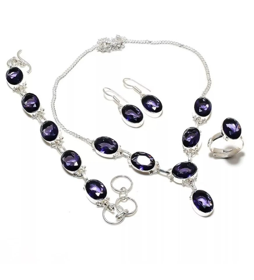 Juego de 4 piezas de joyas de plata de ley 925 hechas a mano con piedras preciosas de amatista Foto 1 de 1
