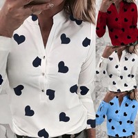Womens Floral Heart Printed Blouses Tops Ladies Long Sleeve V-Neck Casual Shirt