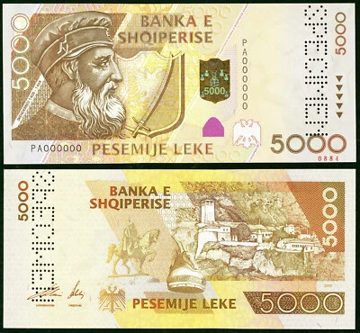 ALBANIA 5000 Leke Lek 2001 P-70s UNC SPECIMEN BANKNOTE W/ SERIAL NUMBER PA000000 - Image 1 of 3