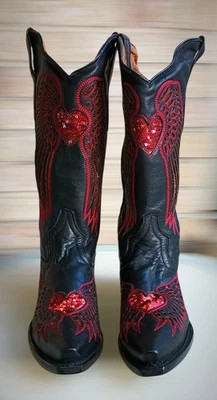COWBOY PRO Mujer 9.5 NUEVO CON ETIQUETAS Botas Cuero Negro Corazones Alas Lentejuelas Rojas Puntera Corta Foto 1 de 4
