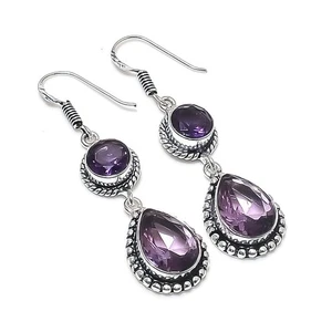 Purple Amethyst Gemstone Handmade 925 Sterling Silver Jewelry Earring Size 2" - Picture 1 of 1