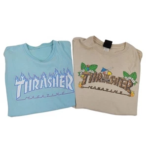 2 Thrasher Skateboard T Shirts Hawaiian Tiki Luau Tan Light Blue Magazine M - Picture 1 of 12