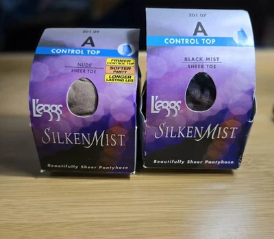 Two Leggs Silken Mist Control Top Sheer Toe Pantyhose Nude & Black Mist Size A - Image 1 of 4