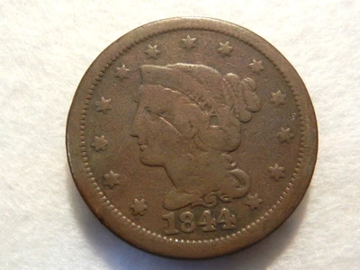 1844 coronet braided hair large cent copper coin - Image 1 of 2