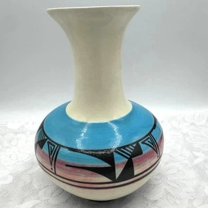 Southwest Pottery Ute Mountain Pottery Vase Signed I Wing Blue Pink Black - Picture 1 of 8