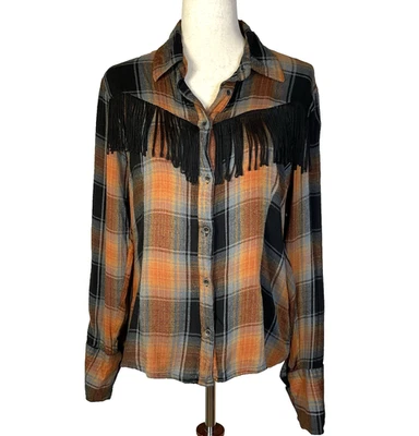 Camisa Angie Naranja a Cuadros Flecos Botones Talla Pequeña Vaquera Western Wear Rodeo Otoño Foto 1 de 4