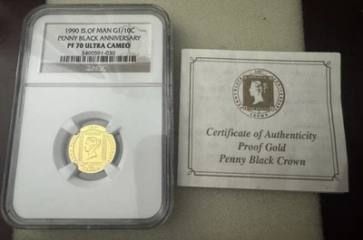1990 Isle of Man Penny Black 100th Anniversary 1/10 Oz .999 Gold NGC PF70 com certificado de autenticidade - Imagem 1 de 4