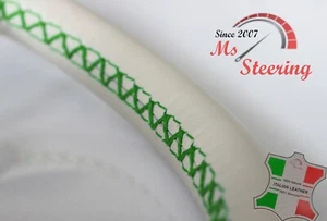 FOR Morris Minor 48-71 CREME LEATHER STEERING WHEEL COVER, GREEN 2 STIT - Picture 1 of 5