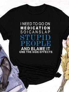 Women's Humor T-Shirt, Casual Crew Neck Short Sleeve Top, Letter Print - Picture 1 of 12