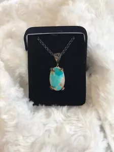 Vintage 925 Silver Necklace wh Turquoise Stone Pendant Handmade 19” Chain R0010 - Picture 1 of 2