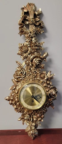 RARE Vintage Syroco 8-day Jeweled Wall Clock Gold Retro Mid Century 26"x11" Tags Cover