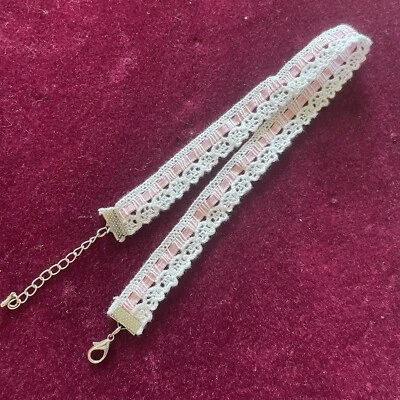 New Handmade Pink Ribbon White Lace Choker Party Holiday Fashion Necklace OOAK - Image 1 of 3