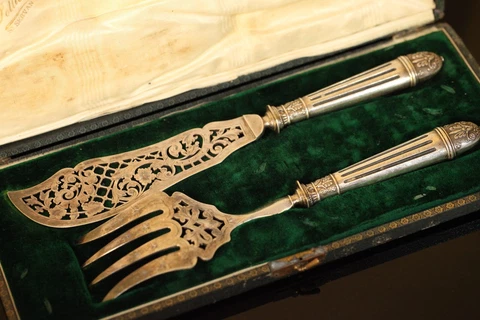 ANTIQUE FRENCH STERLING SILVER FISH SERVER SERVING SET W/BOX CARVING FORK KNIFE Cover