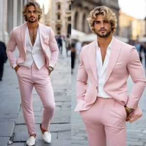 Pink Solid Color Men's Suits Slim Fit 2 Pieces Groom Wedding Formal Jacket Pants - Picture 1 of 14